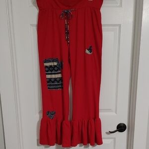 Upcycled Red Pants with Ruffled Hem Sewn on Patchwork, and Matching Ties LG-XL